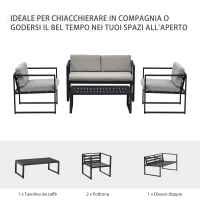 Outsunny Set Mobili da Giardino con Divano 2 Posti, 2 Poltrone e Tavolino in Alluminio con Cuscini, Grigio e Nero(m-4)