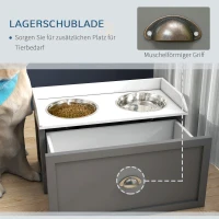 PawHut Futterstation Erhöhte Fressnäpfe 1 Stauraum 2 Edelstahl-Futternäpfe, 60 x 30 x 42 cm, Weiß(m-5)