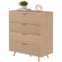 HOMCOM Bedroom Chest of Drawers with 4 Drawers, Fluted Dresser with Gold Tone Handles, Storage Cabinet, Natural(m-15)