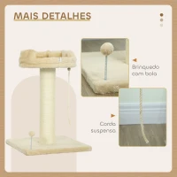 PawHut Arranhador para Gatos de 2 Níveis com Plataforma Bola com Mola Corda Suspensa e Poste de Sisal 55x55x83 cm Bege(m-5)