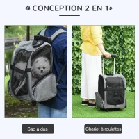 PawHut Sac de transport à roulettes pour chien 2 en 1 trolley chariot sac à dos pour chien chat avec poignée téléscopique, sacs de rangement, aérations, attache de sécurité, 42 x 25 x 55 cm, gris(m-5)