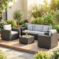Outsunny 5 Seater Rattan Garden Furniture Set with Wide Armrests, Cushions, Pillows for Patio, Dark Grey(m-14)