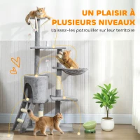 PawHut Arbre à Chat Tour de Jeux pour Chats Stable Multi-Niveaux avec Niche 3 Plate-Formes Hamac 60x35x134cm Gris(m-4)