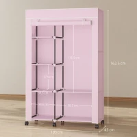 HOMCOM Roupeiro de Tecido Dobrável com 6 Prateleiras 1 Barra de Pendurar e Rodas para Dormitório Vestidor 103x43x162,5 cm Rosa(m-3)