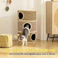 PawHut Barril Arranhador para Gatos 3 Níveis, 79 cm de Altura, com Cama e Revestimento em Sisal, Caqui e Castanho(m-4)