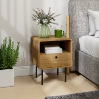 HOMCOM Bedside Table with Drawer and Open Shelf - Oak(m-2)