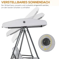 Outsunny Hollywoodschommel, 2-zits tuinschommel met verstelbaar dak, tot 220 kg belastbaar, 145 x 116 x 172 cm, Grijs(m-4)