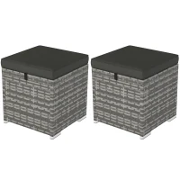 Outsunny 2-delige Set Rotan Krukken Zitkrukken met Rotanlook Opbergruimte Kussens Deksel 120 kg Belastbaar 40x40x41cm Donkergrijs(m-11)