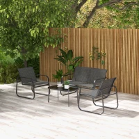 Outsunny Conjunto de Móveis de Jardim 4 Peças Móveis de Varanda com 2 Poltronas 1 Sofá de 2 Lugares e Mesa de Centro Preto(m-10)