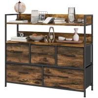 HOMCOM Rustic Chest of Five Fabric Drawers - Rustic Brown(m-11)