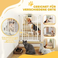 PawHut Deurhekje met Kattenluikje, Montage Zonder Boren, Variabele Breedte 74-80 cm, Met Één Hand Te Openen, Metaal, Wit(m-7)