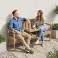 Outsunny Wooden Garden Bench with Liftable Table & Shelf, 2-3-Seater Outdoor Loveseat with Fir Wood Frame, Teak(m-2)