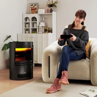 HOMCOM 1000W/2000W Freestanding Electric Fireplace, Indoor Heater Fire Stove with Log Burner Effect Flame, Thermostat Control(m-2)
