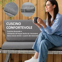 Outsunny Divano da Giardino 2 Posti in Rattan con Imbottitura e Braccioli Ribaltabili, 129x63x67cm, Grigio(m-5)