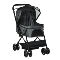 PawHut Carrinho para Animais de Estimação Dobrável Carro para Cães e Gatos com Capô Ajustável Cesta de Armazenamento Cinto de Segurança Tecido Oxford 600D Aço 76,5x52x95cm Cinza(m-12)