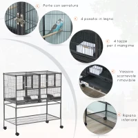 PawHut Doppia Gabbia per Uccelli in Metallo di Alta Qualità con Vassoi Estraibili, Supporto Stabile con 4 Ruote e Ripiano, 95x45.5x102cm, Nero Grigio(m-4)