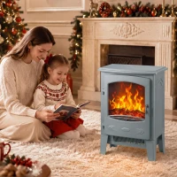 HOMCOM Electric Fireplace, Freestanding Electric Fire with Realistic Flame Effect, Log Burner, 1000W/ 2000W, Grey(m-8)
