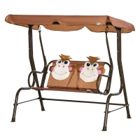 Outsunny 2 Seater Kids Garden Swing Seat, Children Outdoor Patio Lounge Chair for Gardens w/ Adjustable Awning, Seatbelt, Monkey Pattern - Brown(m-10)