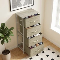 HOMCOM Chest of Drawers, Dresser with 4 Fabric Drawers, Tall Storage Unit with 4 Pockets and 2 Hooks, Steel Frame, Natural Wood(m-8)