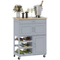HOMCOM Modern Kitchen Trolley, Rolling Island Storage Cart with Drawer, 9-bottle Wine Rack, Door Cabinets, Wooden Countertop, Grey(m-11)