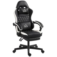 HOMCOM Gaming-Stuhl mit Fußstütze, Computerstuhl mit Kopfstütze & Kissen, Kunstleder-Bezug, drehbar, höhenverstellbar, Metall, Kunststoff, Schwarz+Weiß(m-12)