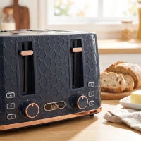 HOMCOM Toaster 4 slice, Toaster with 7 Browning Levels, High Lift, Reheat/Defrost/Cancel, Self-centring Function, Dark Blue(m-10)
