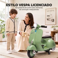 AIYAPLAY Mota Elétrica Infantil Vespa com Licença Oficial, Arranque Suave, Rodinhas Desmontáveis, Luz Dianteira, Música, Buzina e USB, Verde(m-4)