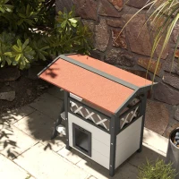 PawHut Kattenhuis Kattenhut Huisdierhut, met dak van asfalt, 2 verdiepingen, 1 ladder, Wit+Rood(m-9)