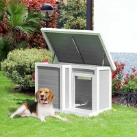 PawHut Casetta per Cani da Esterno con Porta e Terrazza, Cuccia per Cani di Taglia Media, Tetto Apribile e Finestra, Grigio(m-2)