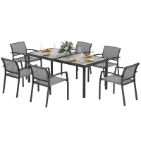 Outsunny 7-delige eettafelset, 6 stoelen, 1 tafel, stapelbaar, gemakkelijk te reinigen, stalen frame, tuinmeubelset, grijs(m-10)