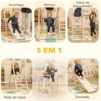 AIYAPLAY Escorrega Infantil 5 em 1 Estrutura de Escalada de Madeira com Escorrega Baloiço Cesto de Basquetebol 140x172,5x116,5 cm Madeira(m-4)