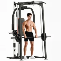 SPORTNOW 3-in-1 Smith Machine with Dual Cable Pulley System, Chest Press Station, 17-Level Squat Rack and Barbell Bar(m-11)