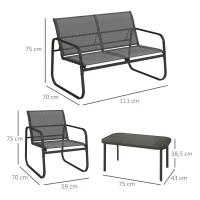 Outsunny 4-delige tuinset, 2 stoelen, 2-zitsbank, tafel met glazen blad, ademende stof, metalen frame, zwart(m-3)