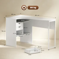 HOMCOM Bureau d'angle, bureau informatique avec 2 tiroirs et 3 compartiments ouverts, 120 x 60 x 74 cm, blanc(m-3)