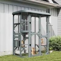 PawHut Catio Outdoor Cat Enclosure,  Wooden Cat House with Platforms, Condo and Waterproof Cover for 2–3 Kittens, Grey(m-12)