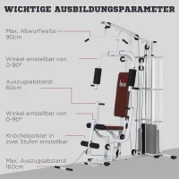 HOMCOM Gym Krachtstation Fitnessstation Multigym Fitnesscentrum Fitnessapparatuur incl. gewichten Latzug Beincurl Metaal PU-kunstleer Wit 150 x 110 x 210 cm(m-6)