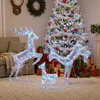 Outsunny 3-Piece Lighted Reindeer Family Set, Iridescent Outdoor Christmas Decoration, Deer Family with 8 Modes, Daily Timer(m-8)