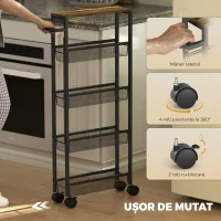 HOMCOM Cărucior de bucătărie cu 4 roți, cărucior de depozitare cu roți, blat cu aspect de lemn, structură metalică, 47x13x96,5 cm, negru(m-7)