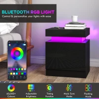 HOMCOM Black Bedside Table with LED Light, High Gloss Front Nightstand with 2 Drawers, for Living Room, Bedroom, Set of 2(m-4)