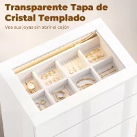 HOMCOM Cómoda de 4 Cajones con Joyero Encimera de Vidrio Templado Luces LED y Control Bluetooth Blanca(m-4)