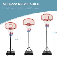 HOMCOM Canestro Basket da Interno ed Esterno Portatile con Altezza Regolabile 5 Livelli 175-215cm, Canestro da Basket con Ruote, Struttura Metallo e Base Riempibile, Tabellone PE(m-7)