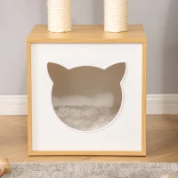 PawHut Casetta per Gatti con Pali Tiragraffi in Sisal, Cuscini Lavabili e Pallina, 35x35x81cm, Quercia(m-8)