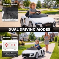 AIYAPLAY Licensed Audi R8 Spyder 12V Electric Car for Kids with Remote Control, Dual Motors, Rear Suspension, Soft Start, White(m-5)