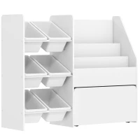 AIYAPLAY Speelgoedrek, kinderkamerrek met 6 bakken, boekenplank, rolbare box, 100 x 30 x 80 cm, MDF, staal, wit(m-1)