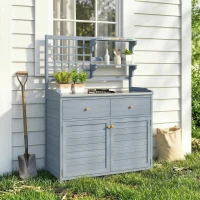 Outsunny Plantentafel met Kast Outdoor - Houten Tuinkast met Gegalvaniseerd Werkblad, 2 Lades, 104x44x140 cm, Lichtgrijs(m-9)