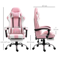 Vinsetto Silla Gamer Reclinable con Reposapiés Sillón Gaming con Reposacabezas Cojín Lumbar y Altura Ajustable 64x67x127 cm Rosa(m-3)