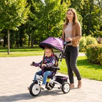 HOMCOM Triciclo Evolutivo para Bebés de +12 Meses 2 em 1 com Toldo Dobrável Guiador Cinto de Segurança e Cesto 95x50x106 cm Roxo(m-8)