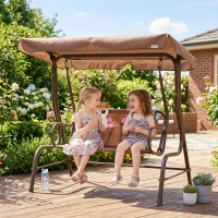 Outsunny 2 Seater Kids Garden Swing Seat, Children Outdoor Patio Lounge Chair for Gardens w/ Adjustable Awning, Seatbelt, Monkey Pattern - Brown(m-2)