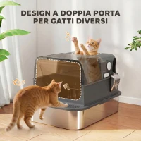 PawHut Lettiera Gatto Chiusa in Acciaio Inox 52L con Coperchio Ribaltabile, Doppia Porta, Paletta, Nero(m-6)
