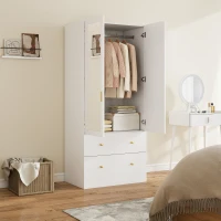 HOMCOM Roupeiro com  2 Portas e 2 Gavetas Armário Roupeiro com Espelho Barra para Pendurar Estilo Moderno 80x50x180 cm Branco(m-2)